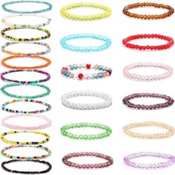 24 Pcs Handmade Beaded Bracelets For Women Adjustable Crystals Stretch Bracelet Colorful Elastic Beaded Anklet Bracelets Set